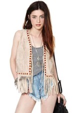 Women Sleeveless Western Suede Leather Fringe Bead Native American Vest Coat New