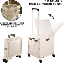 50L Folding Utility Cart with Folding Basket Storage Box Portable Rolling Crate 