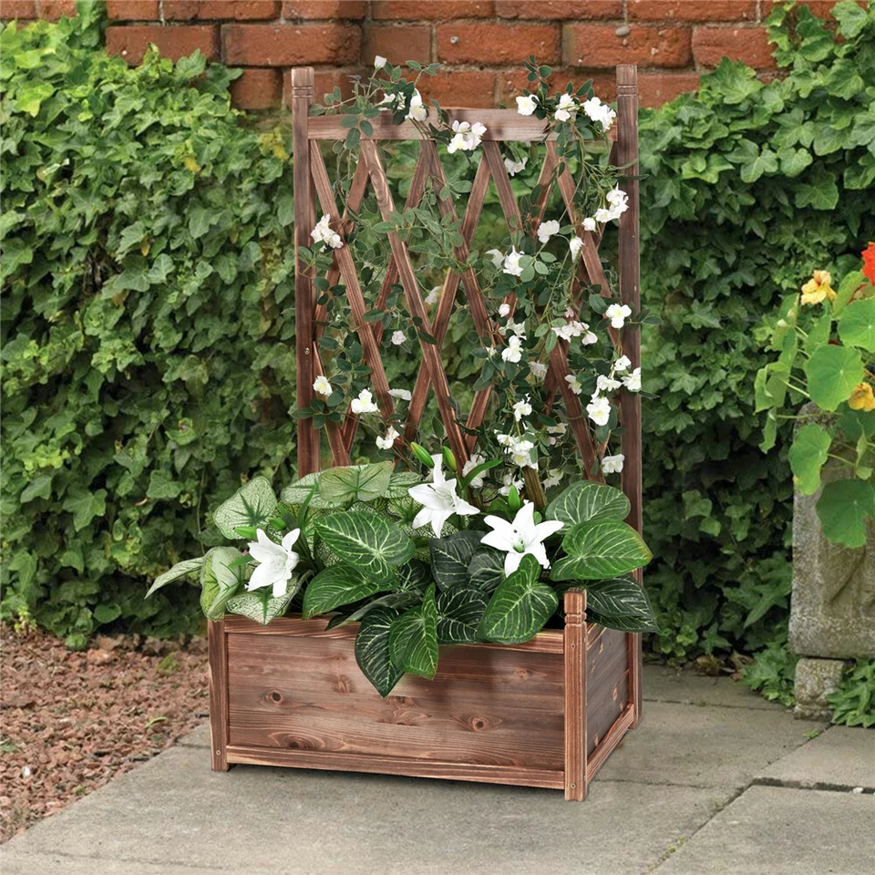 Rustic Wooden Raised Garden Bed Vegetable Planter Grid Box with Climbing Trellis - Image 2 of 4