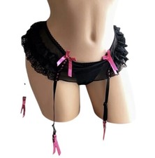 Shirley Of Hollywood Black Crotchless Sheer Lace Nylon Garter Thong Panties NOS