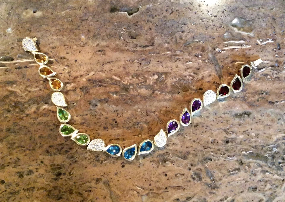 ESPECTACULAR PULSERA CON PATRÓN DE PAISLEY DE PIEDRAS PRECIOSAS MÚLTIPLES DE PLATA ESTERLINA DE 18 QUILATES RET $675 Foto 3 de 4