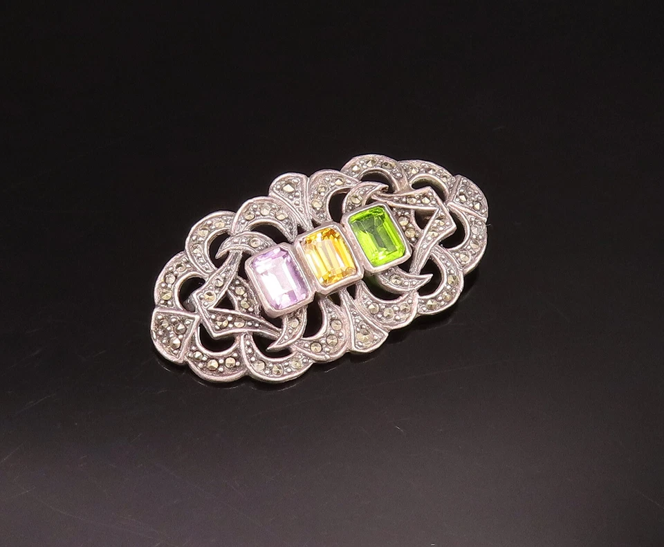 925 Silver  Vintage Amethyst Citrine Peridot & Marcasite Brooch Pin  BP9584 - Image 2 of 4