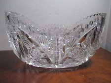 American Brilliant Cut Glass Tall Oval Bowl Buzz Stars Notched Hobstars