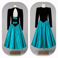 VTG 80s Roberta Black Velvet Teal Satin Formal Prom Dress Open Back Bows 9/10
