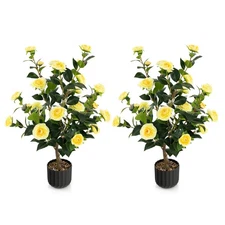 2-Pack 38" Faux Camellia Tree Artificial  Floral Plant for Decoration Yellow