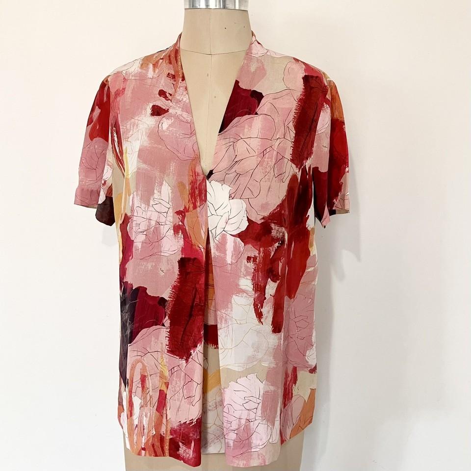 David Lawrence 100% Silk Short Sleeve Blouse Size 10 Pink Red Floral Top As New