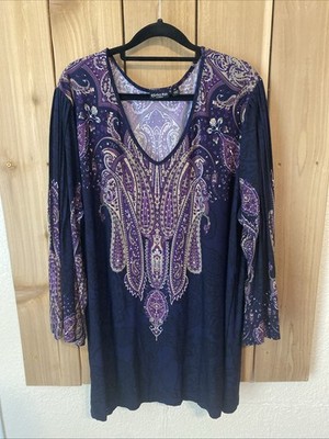 Effortless Style Purple/Tan Paisley Pleated long Sleeve Top Size 2X NWOT