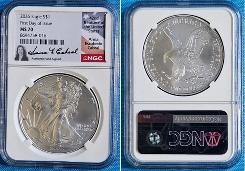 2026 (W) $1 AMERICAN SILVER EAGLE NGC MS70 FDI ANNA CABRAL (IN HAND)
