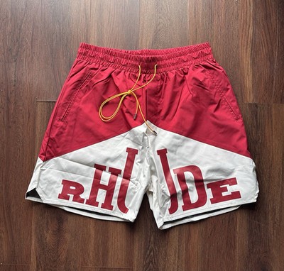 RHUDE Men s Swim Trunks Size S Red/White Colorblock Logo Drawstring Elastic