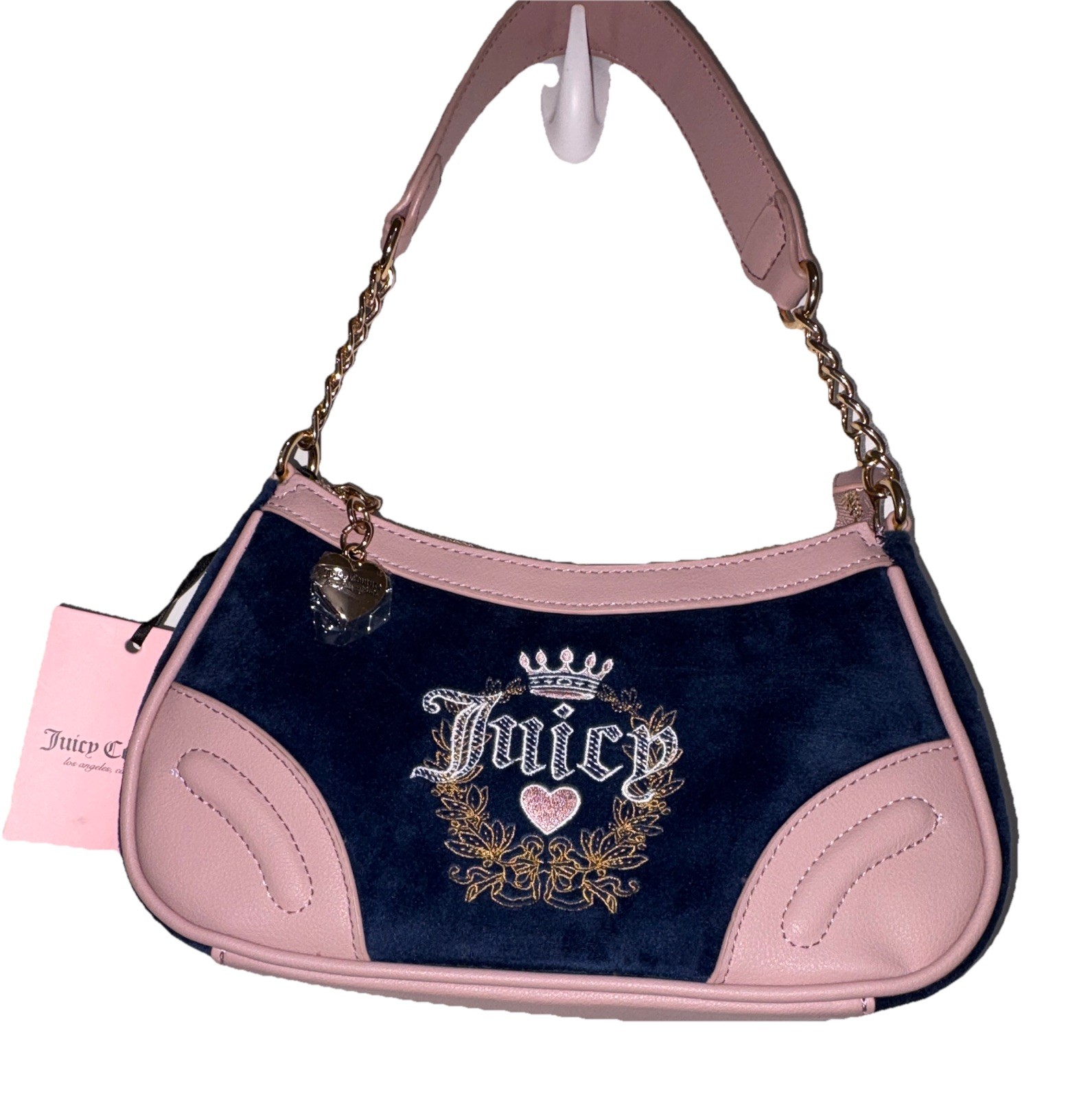 NWT Juicy Couture Regal Blue/Pink Heritage Baguette Shoulder Bag Heart Charm