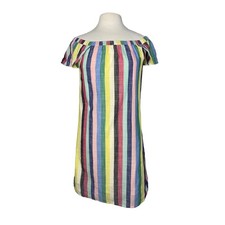 J.CREW Rainbow Stripe Off The Shoulder Woven Cotton Shift Dress Size 4 Lined