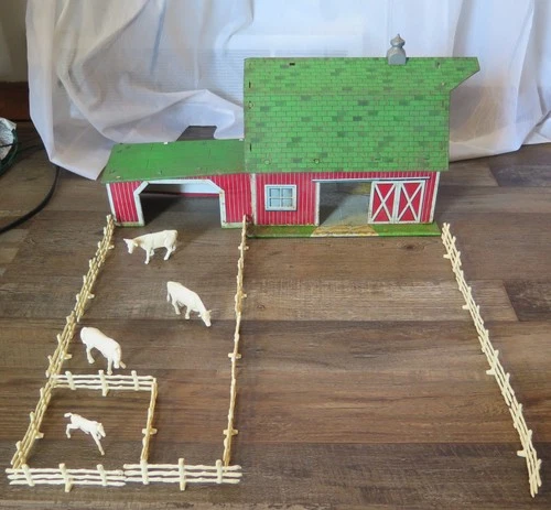 Vintage Marx Tin Litho Lazy Day Farms Barn with Fence Animals Cow Horse