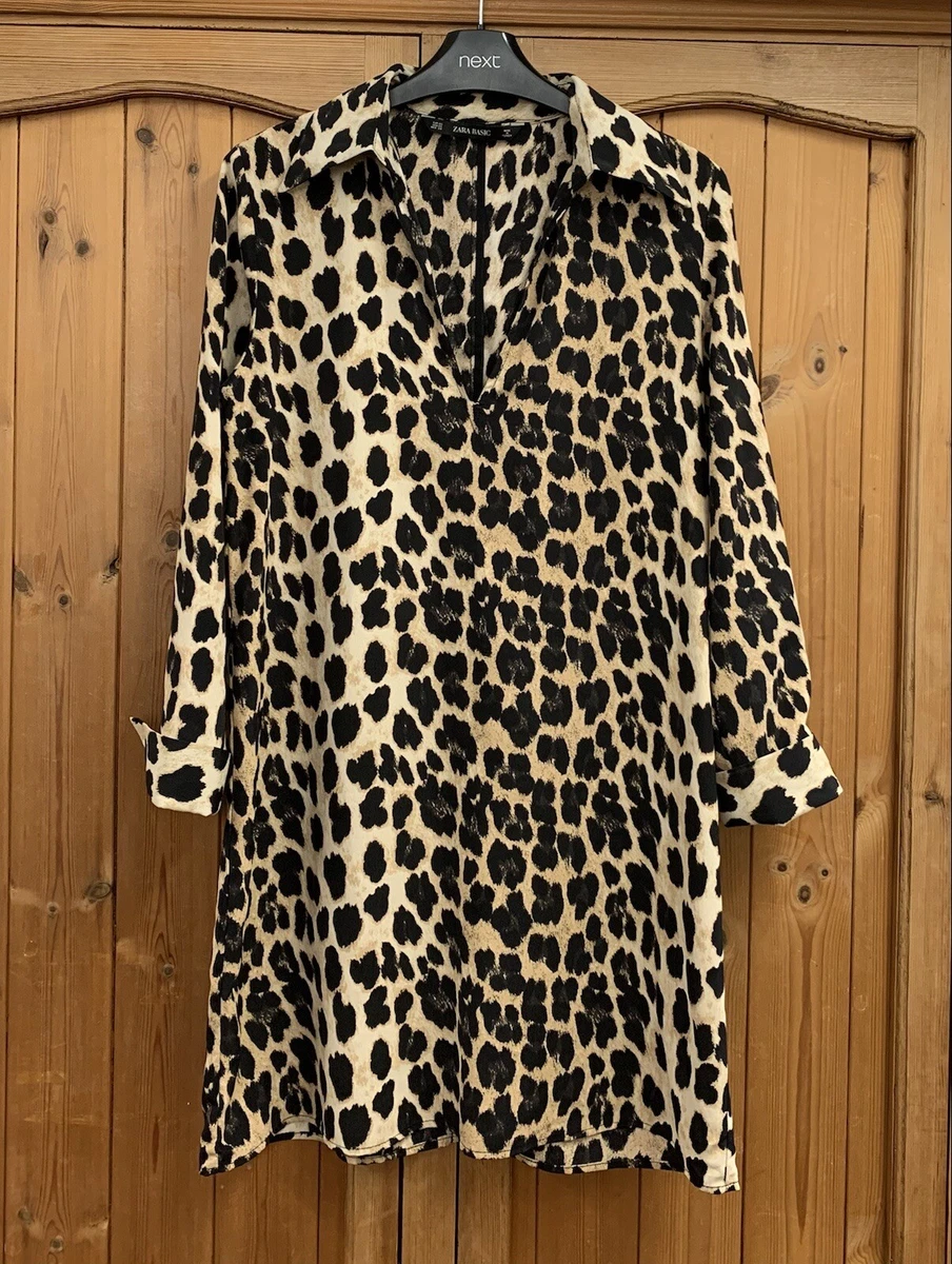 ZARA 8 XS ANIMAL PRINT TUNIC MINI DRESS BLACK BROWN BEIGE LEOPARD