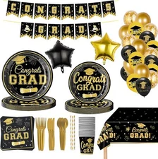 Graduation Party Supplies Kit Serves 16 - Gold and Black Class of 2025 Tableware