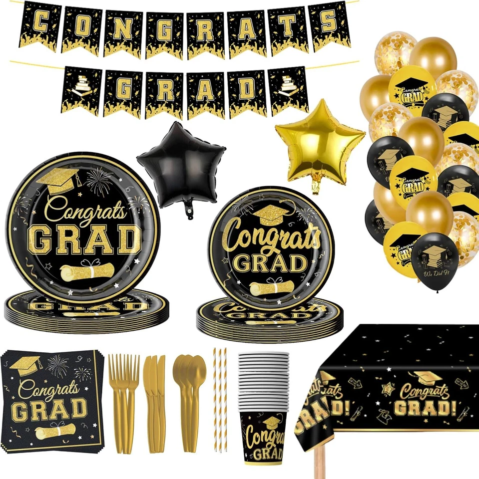Gold and Black Graduation Decorations Set 152PCS Banner, Paper Plates and Napkin - Image 2 of 4