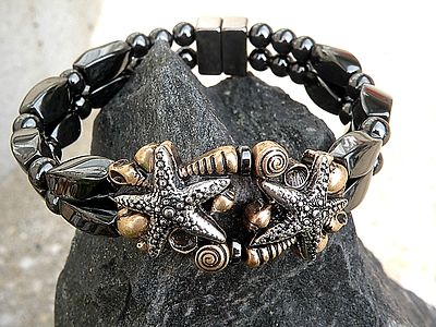 Magnetic Bracelet Row w double Silver STARFISH w Shells