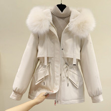 Lady Fleece Lined Padded Coat Faux Fur Hooded Jacket Tunic Drawstring Parka Warm