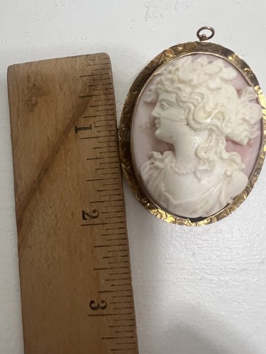 Yellow Gold Cameo Brooch Pin Left Facing Pink - Picture 2 of 10