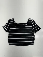 Shein Black White Striped Square Neck Crop Short Sleeve Shirt Womens Size Medium