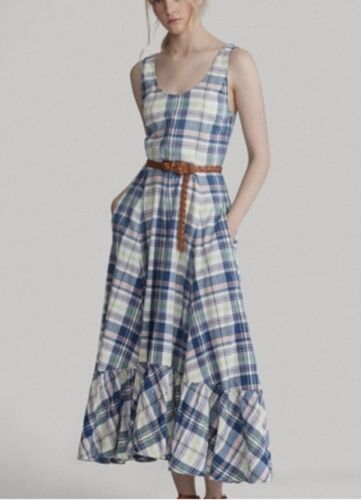 Polo Ralph Lauren Madras Plaid Sleeveless Cotton Ruffled Hem Trim Dress Uk 10 - Picture 4 of 5