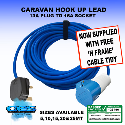Caravan plug to socket extension 16 amp lead 2.5 mm blue cable 5m PAT tested
