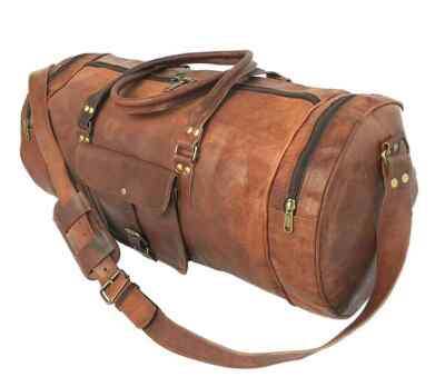 Travel Bag genuine Brown Leather Retro vintage Large Round Duffle  gym Bag