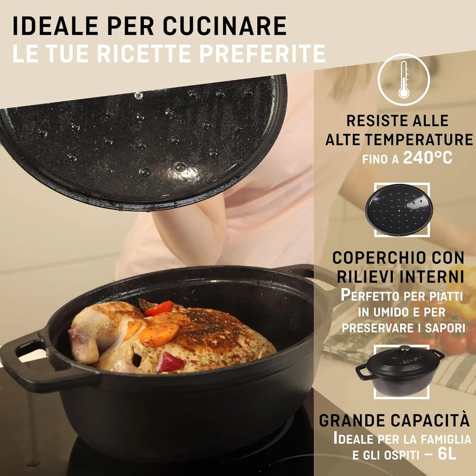 - Casseruola in Ghisa Smaltata, 6L, Ovale, Colore: Nero Opaco, Ultra Resistente, - Immagine 2 di 4