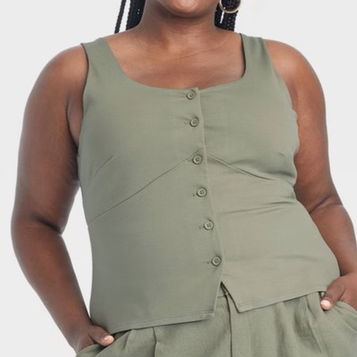 Women's Button-Front Stretch Tank Vest - A New Day Olive Size XXL