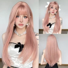 Light Pink Long Straight Wig with Bangs Synthetic Hair Women Cosplay Party
