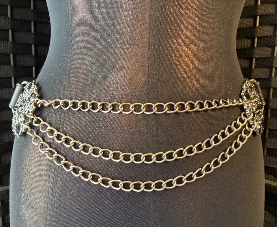 Серебряная цепочка драпировки медальон черный кожаный ремень 32» талии маленький MobWife WHBM y2k - Изображение 2 из 4