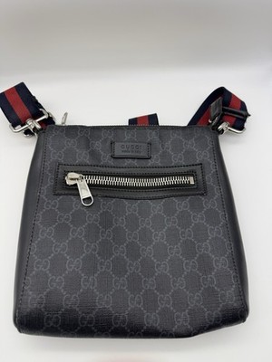 Gucci Unisex  GG Supreme Leather  Messenger Bag Black 8.2''W x 9.2''H x 1.8''D