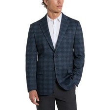 Kenneth Cole Men's M Slim Fit Stretch Plaid Blazer Jacket Navy Blue i1689