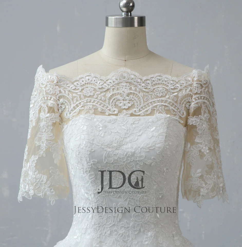 Schulterfrei Brautkleid Hochzeitskleid 32-60 Halbarm Knöpfe Ivory Top Qualität - Bild 4 von 4