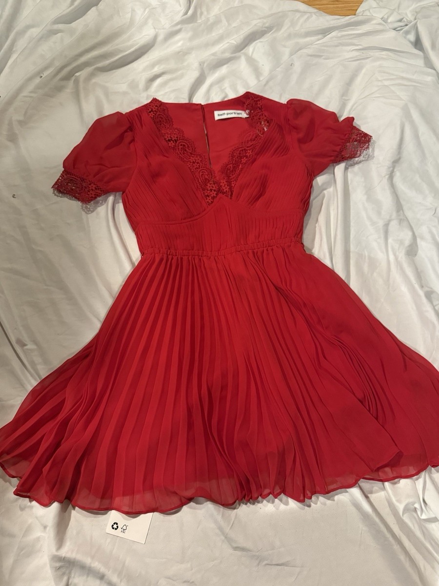 Self Portrait RS23-908S-R Red Chiffon Mini Dress Size 0 NWT