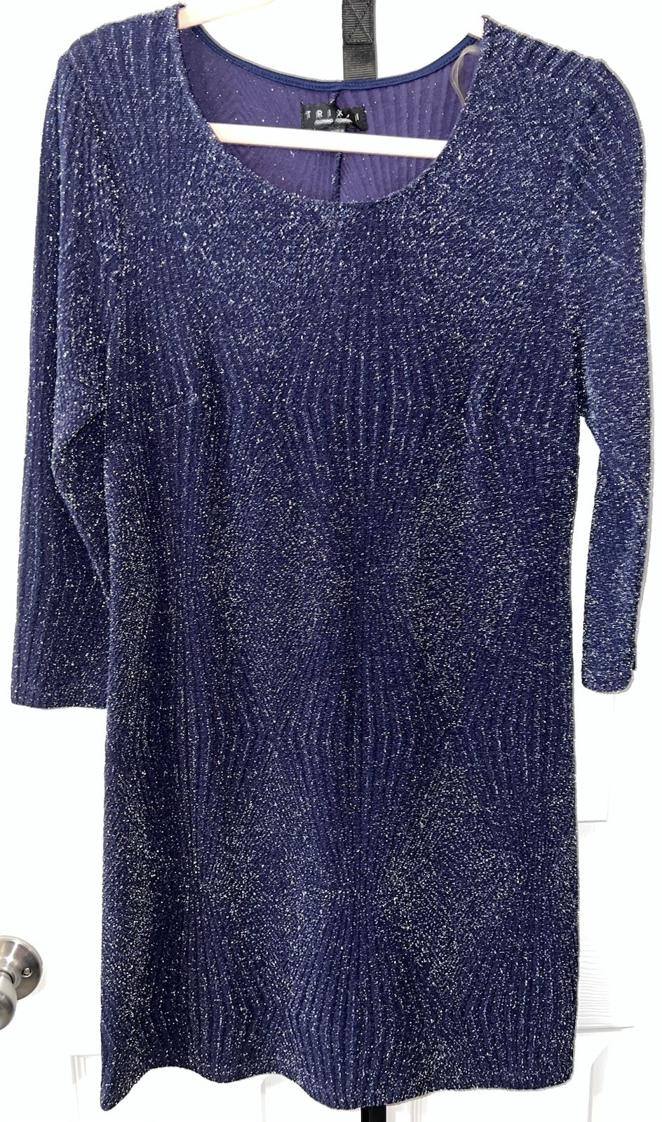 Trixxi Women's Blue Sparkle Shimmer Metallic 3/4 Sleeve Dress Size L