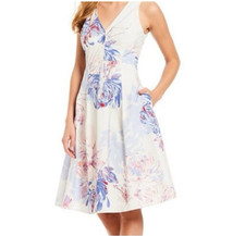 Tahari Dress 8 Ivory Blue Pink Floral Cotton A Line Sleeveless V Neck Pockets