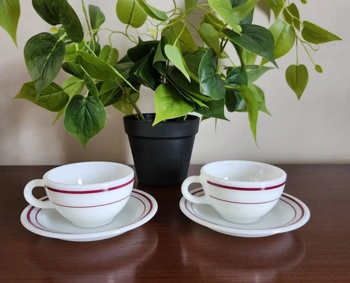 VTG 2 Sets Red Band Coffee Cup & Saucer Mid Century Diner Restaurant Ware