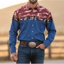Wrangler Men's Large Western Shirt Blue Red Pearl Snap Horse Scene Cowboy Yoke