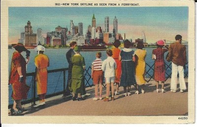 1943 Postmark Vintage Linen Postcard NEW YORK SKYLINE AS SEEN FROM A FERRYBOAT
