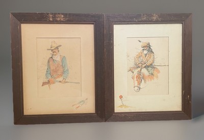 Pair William T Zivic Western Art Signed Watercolor/Ink Print Framed with Glass