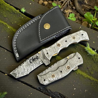 Damascus Tanto Folding Knife, Sculpted Blade Shape, Full Damascus Steel Handle