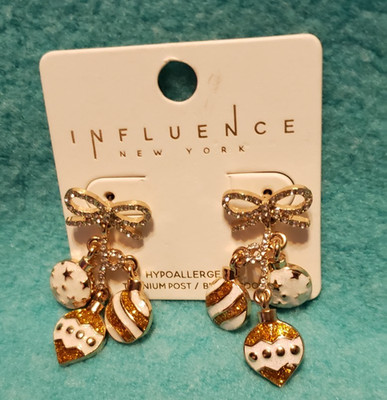 Influence New York: White & Gold Christmas Ornaments  2 1/2'' Dangle Earrings NEW