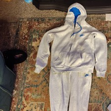 Nike Women's Gray Blue Fleece Tracksuit Set L Hooded Zip Jacket Pants