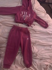 FILA Girls Pink Fleece Hoodie Pants Outfit Set Sports Logo Long Sleeve