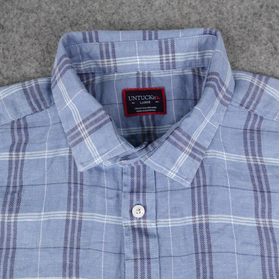UNTUCKit Shirt Mens Large Blue Plaid Linen Blend Long Sleeve Button Up Garzon - Image 4 of 4