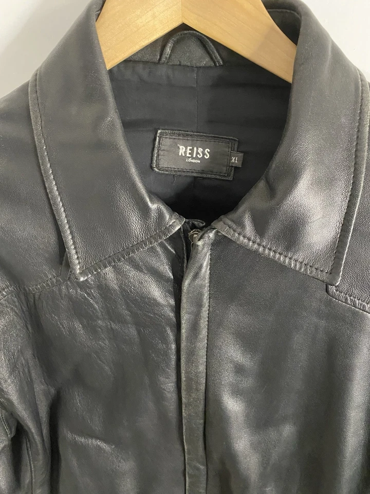 Reiss Mens Size XL 44” Soft Lambs Leather Black Biker Jacket Full Zip Made In UK - Image 4 of 4