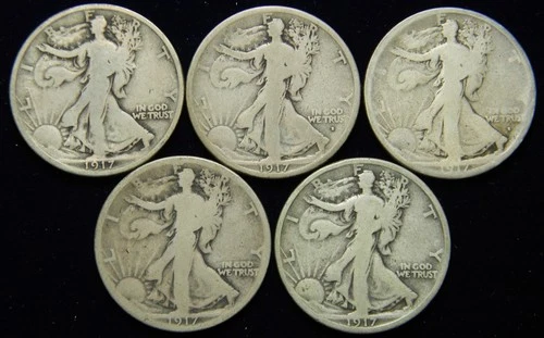 1917 PDS YEAR SET OF ALL 5 WALKING LIBERTY HALF DOLLARS, GRADES G-VG, ORIGINAL