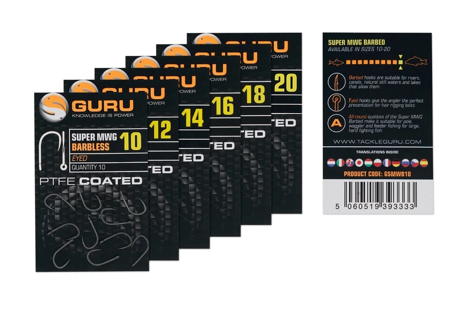 Guru PTFE Super MWG Barbed Hooks size 16 Eyed Pack of 10 hooks