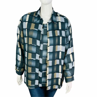 Vintage Notations Sz XL Long Sleeve Collared Blouse Abstract Shoulder Pads