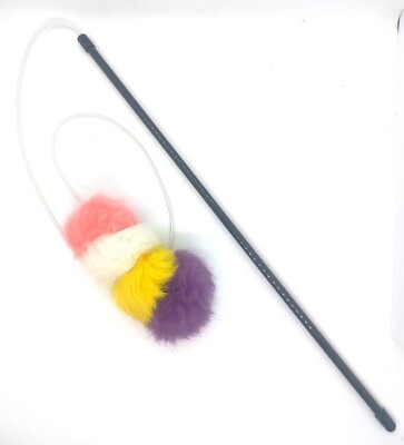 Rabbit Fur Pom Pom Cat Teaser Wand - Light Pink, White, Yellow, Purple